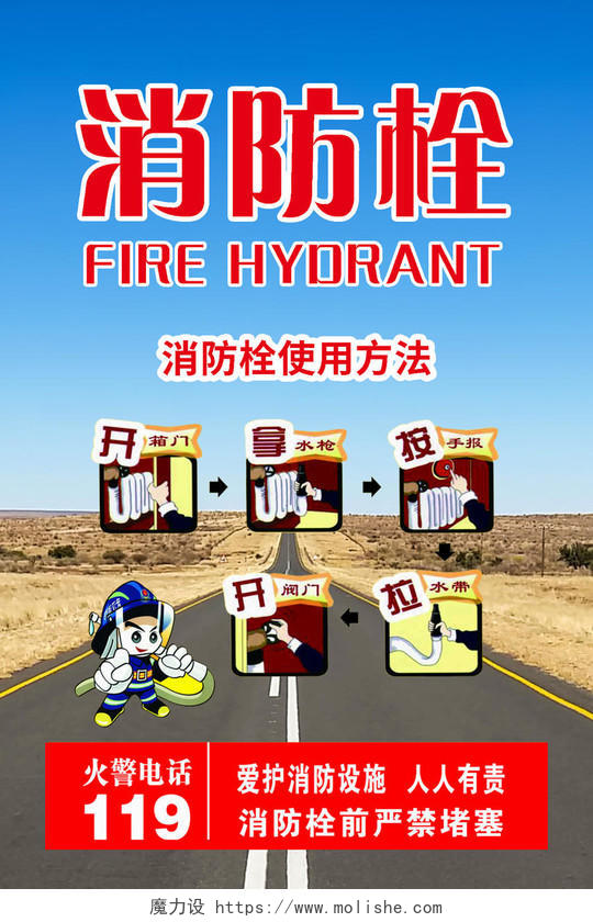简约公路消防知识消防栓使用方法宣传海报